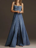 Purpdrank  Fashion Women Denim Tank Dress Vintage Square Collar Waisted Sundress Summer Buttons Maxi Dress Holiday Solid Robes
