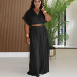 Purpdrank  Elegant Fashion Vacation Casual Outfits Women Two Piece Set Turn-down Collar Crop Top and Wide Leg Pants Matching Sets Birthday