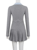 Purpdrank  Korean Preppy Style Grey Dress Women's Patchwork Lapel Collar Button Long Sleeve Slim Fake Two-Piece Pleated Mini Dress