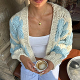 Purpdrank  Stripe Pattern Cropped Cardigans Vintage Lantern Sleeves Knitted Sweater Aesthetic Y2k Knitwear Coat Women Autumn Outwear Street