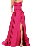 Purpdrank  women's Satin Prom Dresses Spaghetti Straps Backless Long Dress with High Slit Mermaid Formal Party Gown with Pocket Vestido