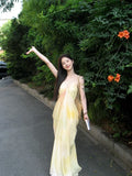 Purpdrank  Seaside Vacation Style Yellow Dyed Camisole Dress Women's Summer Temperament Sleeveless Loose Baggy Dress Medium Long Skirt