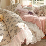 Purpdrank  Skin Friendly Printed Bedding Set With Lace Duvet Cover Bed Sheet Pillowcases A-Class Four Piece Set Bedroom Decor Home Textiles