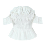 Purpdrank  Stylish White Embroidery Hollow Out Flower Slash Shoulder Short Sleeve Tank Top Women Elastic Waist Ruffles Hem Crop Tops