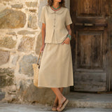 Purpdrank  Women Summer Skirts Two Piece Set Peter Pan Collar Short Sleeve Top And Midi Skirt With Pockets Cotton Linen Matching Sets