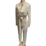 Purpdrank  Jumpsuit Women Sexy V Neck Sequins Long Sleeve Casual Belt Overalls Female High Waist Playsuit Elegant Ladies Party Club Romper