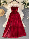 Purpdrank Sexy Bodycon Off Shoulder Party Dress Women Ruffles Velvet Patchwork Elegant Lady Fashion Prom Robe A-Line Vestidos Mujers New