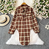 Purpdrank  Retro Hong Kong Sle Plaid Long Sve irt Women's ort Length Turn-down Collar Slimming Waist Tie Top for Autumn 2025