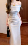 Purpdrank  French Slanted Shoulder, Off-shoulder, Swung Collar, Mid-length, Irregular Waist, Hip-hugging Pleated Dress, New Summer Style