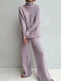 2 Pieces Women Sets Knitted Tracksuit Turtleneck Sweater and Wide Leg Jogging Pants Pullover Suit