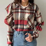 Purpdrank  Vintage Long Sleeves Pocket Blouses Collared Casual Tops 2025 Plaid Shirts for Women Spring Autumn Ruffle Button Down Shirts