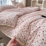 Purpdrank  Bedding Set INS Girls Cherry Soft Washed Cotton Bed Sheet Queen King Size Duvet Set Flower Comforter Set Pillowcase Bed Linens
