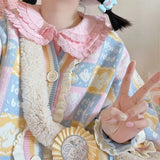 Purpdrank  Sweet Cute Lace Knitted Open Cardigan Spring Autumn Loose Cartoon Print Casual Sweater Fresh Style V-neck Long Sleeve Sweater