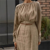 Purpdrank  Women's Fashion Solid Skirt Set Elegant O-neck Full Sleeve Pleated Top Loose Maxi Skirt With Belted Lady 2025 Summer Chic Outfit