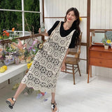 Purpdrank  Fashionable Hollow out Knitted Strap Dress V-Neck Sleeveless Midi A- Line Skirt Vintage Style Cotton Geometric Pattern Dress