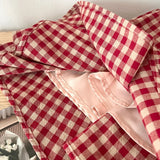 Skin Flower Vintage Dark Red Checkered Small Man Sundress Summer Seaside Vacation Fairy Dress