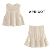 Purpdrank  Knit Jacquard Mesh Women Skirts Sets New Elegant Hollow Out O Neck Sleeveless Vest Casual Drawstring A-Line Mini Skirt