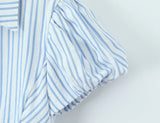 Purpdrank  Stylish Blue White Striped Lapel ollar Short Puff Sleeve Shirt Women Slim Waist Open Buttons Crop Blouse Girl's Tops