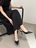 Purpdrank  Fashionable Pointed Toe Shallow Mouth New High-heeled Shoes Summer Elegant Buckle Decorated Stiletto Black Women's Shoes
