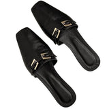 Purpdrank  High Quality Metal Buckle Decoration Flat Slipper Women Elegant Square Toe Black Casual Shoe Summer Comfort Brand Designer Shoes