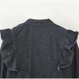 Purpdrank  Fashion Ruffled Denim Shirt Jacket For Women Y2K V-neck Long Sleeve Single Breasted Jeans Blouse Female Chic Street Outerwear