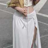 Purpdrank  Ruched Long Skirt Women y2k Clothes Solid Color Ruched Waist Side Split Skirt Skirt Summer Party Skirts Streetwear