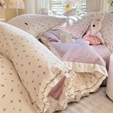 Purpdrank  Korean Princess Style Floral Prints Ruffles Bedding Set Double Layer Yarn 100% Cotton Duvet Cover Pillowcases Bed Sheet 4Pcs