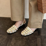 Purpdrank   Summer New Arrival Women's High Heels Sandals Genuine Leather Color-Block Design Round-Toe Back Strap Casual Bota Feminina