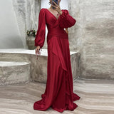Purpdrank - Cocktail Full Length Women Hem Maxi Dress Luxury Female V-neck Waist Party Dress Elegant Lantern Sleeve Ruffle Satin Dresses