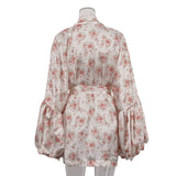 Purpdrank  Women's Printed Loose and Fashionable Casual Dress with Bubble Sleeves and Lace Up High-end A-line Skirt