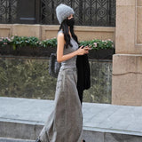 Purpdrank  Grey Split Denim Skirt Female 2025 Spring High Waist Slim Casual Fashion Women's Long Skirt