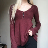 Purpdrank  Casual Basic Ribbed Knitted Sweater Solid V-Neck Button Front Long Sleeve Pullover Women Autumn Winter Y2K Streetwear Lady