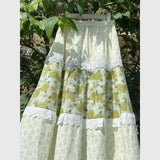 Purpdrank  Girl Flower Print Skirt Elegant Lace Patchwork Midi Skirt Women Summer Casual Elastic Waist A-Line Skirt Boho Faldas 405A