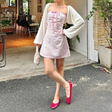 Purpdrank  Sexy White Pink Flower Print Bow Ribbon Strapless Dress Women Slim Waist Backless Mini Dresses A-lined Short Robe