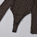 Purpdrank  Sexy Bodycon Lace & Sequin 2 Piece Set for Women Fashion O Neck Long Sleeve Bodysuit and Mini Pencil Skirt Matching Outfit