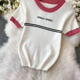 Purpdrank  Korean Sle Student Stripe Knitted T-irt Top High Waist A-Line Skirt Set round Ne ort Sve Casual Faion Ensemble