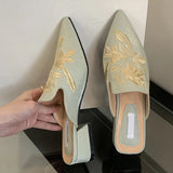 Purpdrank  High Quality Handwork Embroidery Women Mules Low Square Heels Half Slippers Cozy Silk Pointed Toe Party Dress Shoes Pumps