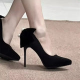 Purpdrank  New Banquet Bow Pointy Temperament Beautiful High Heels Black with Skirt Fashion Light Mouth Single Shoes