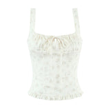 Purpdrank  Sexy Floral Print Lacing Up Bow Ruched Chest Camisole Women Wood ears Hem Corset Tank Tops Side Zipper Girl Sexy Slim Crop Top