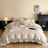 Purpdrank  Vintage Lace Ruffles Striped Plaid Floral Bedding Set Pure Cotton Double Layer Crinkle Yarn Duvet Cover Bed Sheet Pillowcases