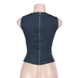 Purpdrank  Sleeveless Back Zipper Vest Clubwear Women Sexy Irregular Hollow Out Cutting Denim Crop Tank Top