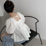 Purpdrank  Summer Cotton Puff Sleeve Women's T-shirts 2025 New Square Collar Backless Hollow Out Casual Loose Shirts Tops Female