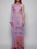 Purpdrank  Women Sexy Y2k One Shoulder Long Sleeve Crochet Knit Long Dress Summer Beach See Through Party Grunge Club Cover Up Outfits