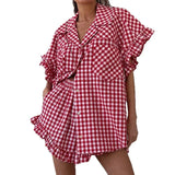 Purpdrank  Lotus Leaf Edge Fashionable Casual Plaid Shirt High Waisted Shorts Set for Women 2025 Summer New Item