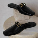 Purpdrank  High Quality Metal Buckle Decoration Flat Slipper Women Elegant Square Toe Black Casual Shoe Summer Comfort Brand Designer Shoes