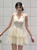 Purpdrank  French Style Elegant White Sleeveless Women's Dress Sweet V-neck Mesh Polka Dot Mini Dress Fashion Fairy Princess Party Outfits
