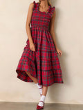Purpdrank  Women Casual Sleeveless Pleated Long Dress Fashion Hight Waist Loose Party Dress Vintage Christmas Plaid Print Suspender Dress