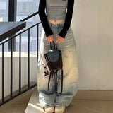 Purpdrank  Retro Light Blue Ripped Denim High Waist Wide Leg Floor-Length Pants Women's Elastic Straight Cut High Waist Jeans Autumn Hot Sa
