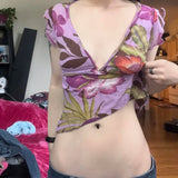 Purpdrank  Y2K Women Floral Print Flying Sleeve Crop Top Vintage 2000s Fitted Back Lace-up V Neck T-shirt Summer Fashion Tees