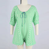 Purpdrank  Summer New Womens Fashionable Deep V-neck Tie Up Short Sleeved Striped Printed Jumpsuit Shorts Loose Casual Wide Leg Capris